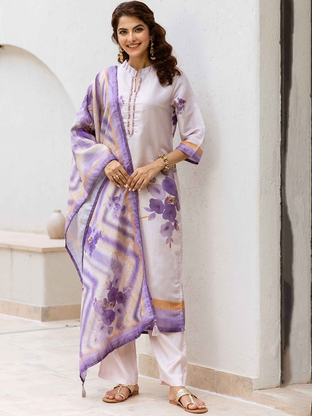 

KALINI Women Floral Printed Kantha Work Chanderi Cotton Kurta with Palazzos & With Dupatta, Purple