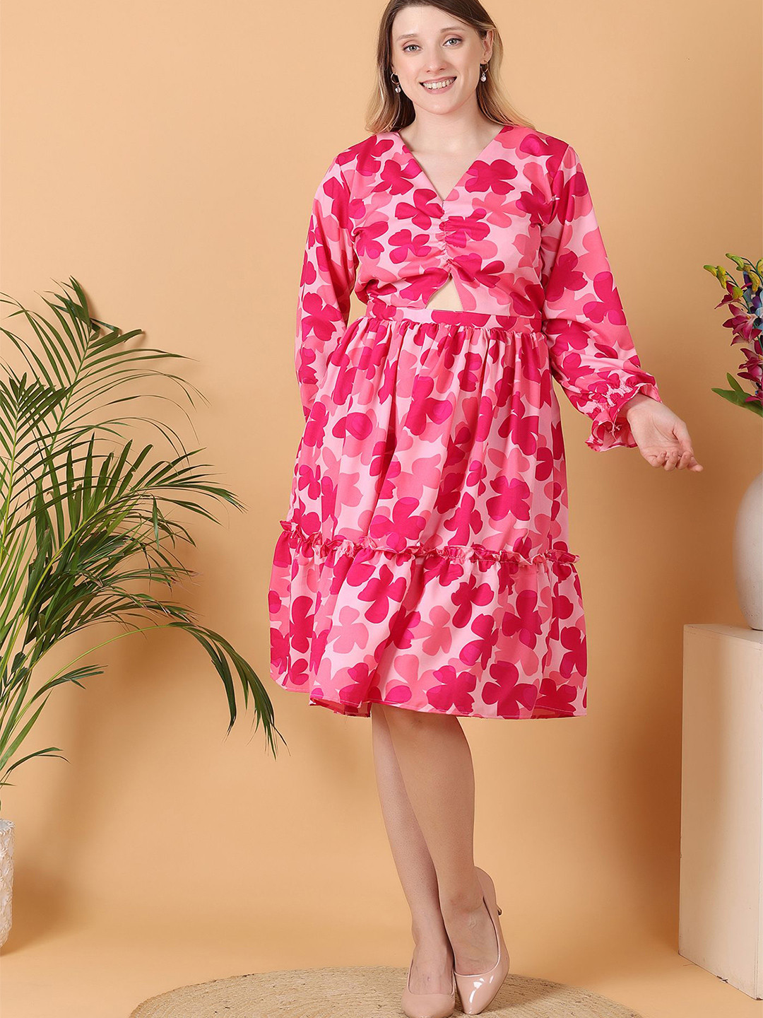 

BAESD Women Floral Print Puff Sleeve Crepe Fit & Flare Dress, Pink