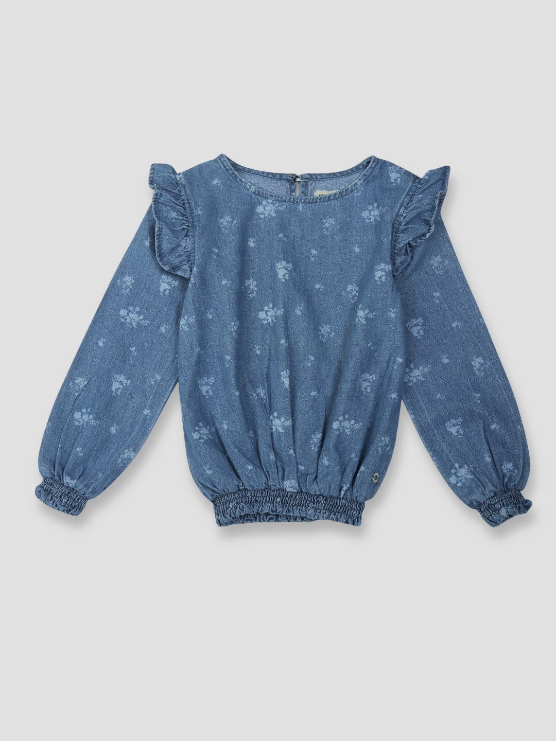 

Gini and Jony Girls Floral Printed Bishop Sleeves Ruffles Cotton Denim Top, Blue