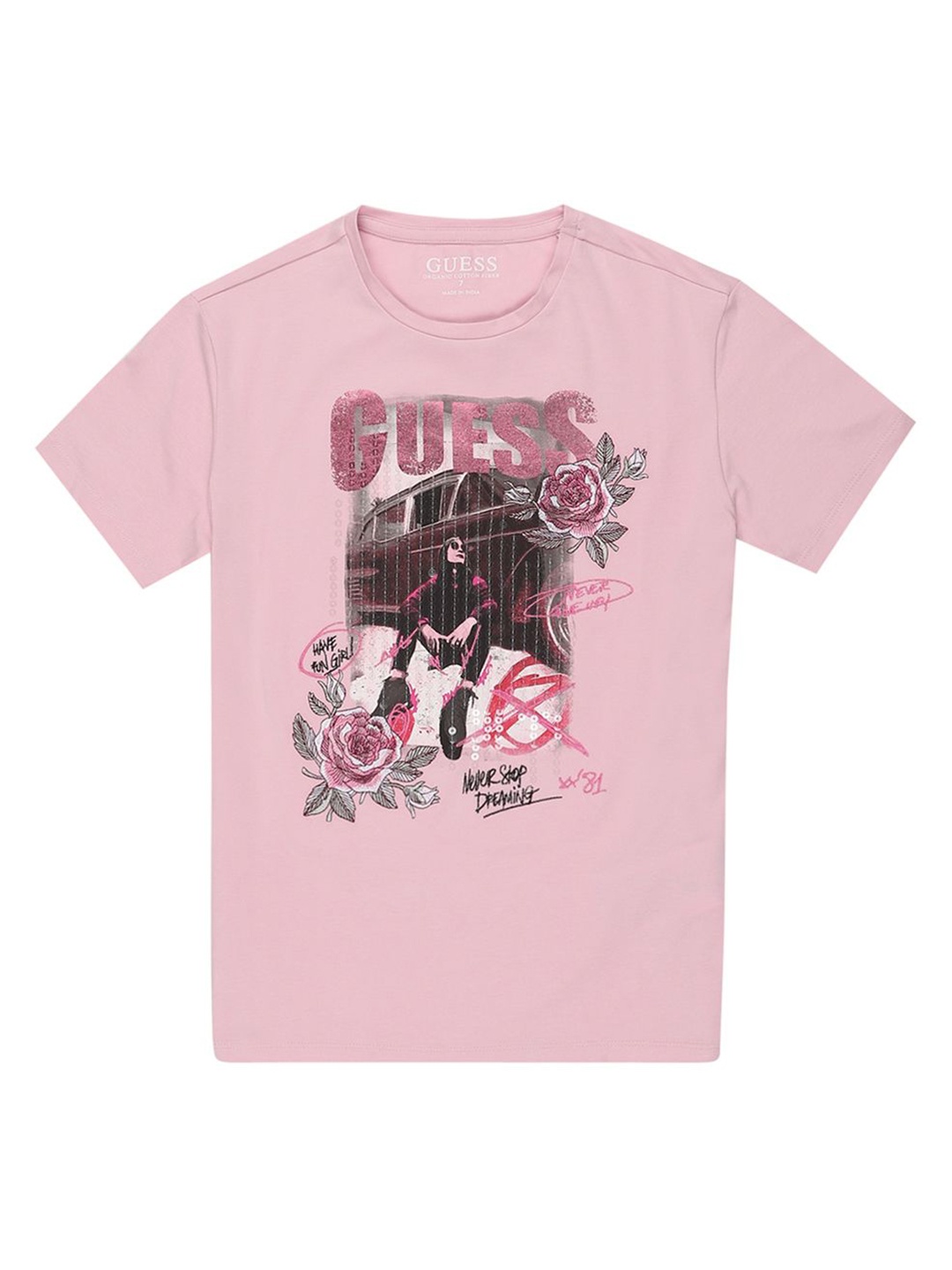 

GUESS kids Girls Graphic Printed Round Neck Cotton T-shirt, Pink