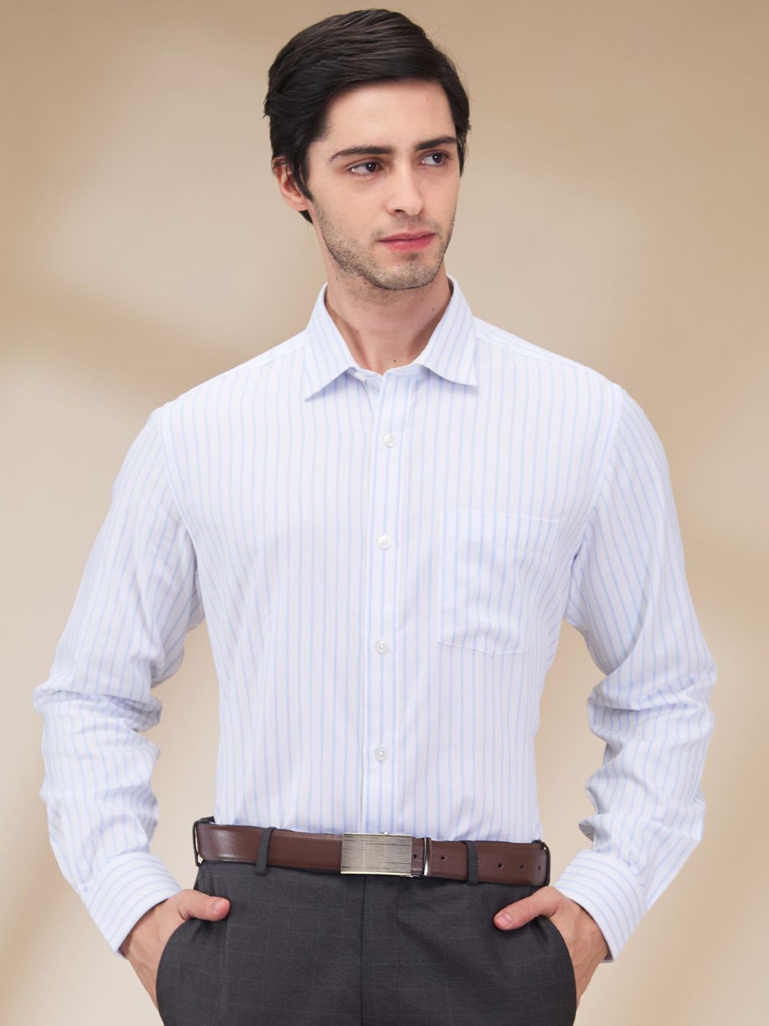 

Park Avenue Men Spread Collar Vertical Striped Cotton Formal Shirt, White