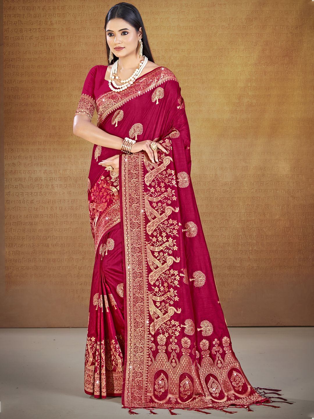 

SANGAM PRINTS Woven Design Zari Silk Blend Tussar Saree, Maroon