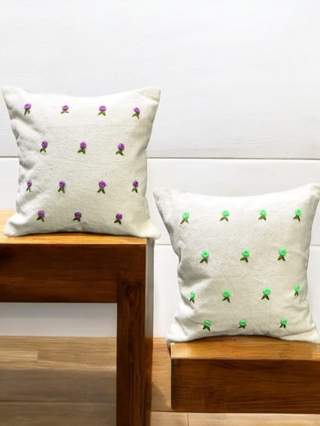 

INTERIORQUOTIENT Green & Purple 2 Pieces Floral Embroidered Cotton Square Cushion Covers