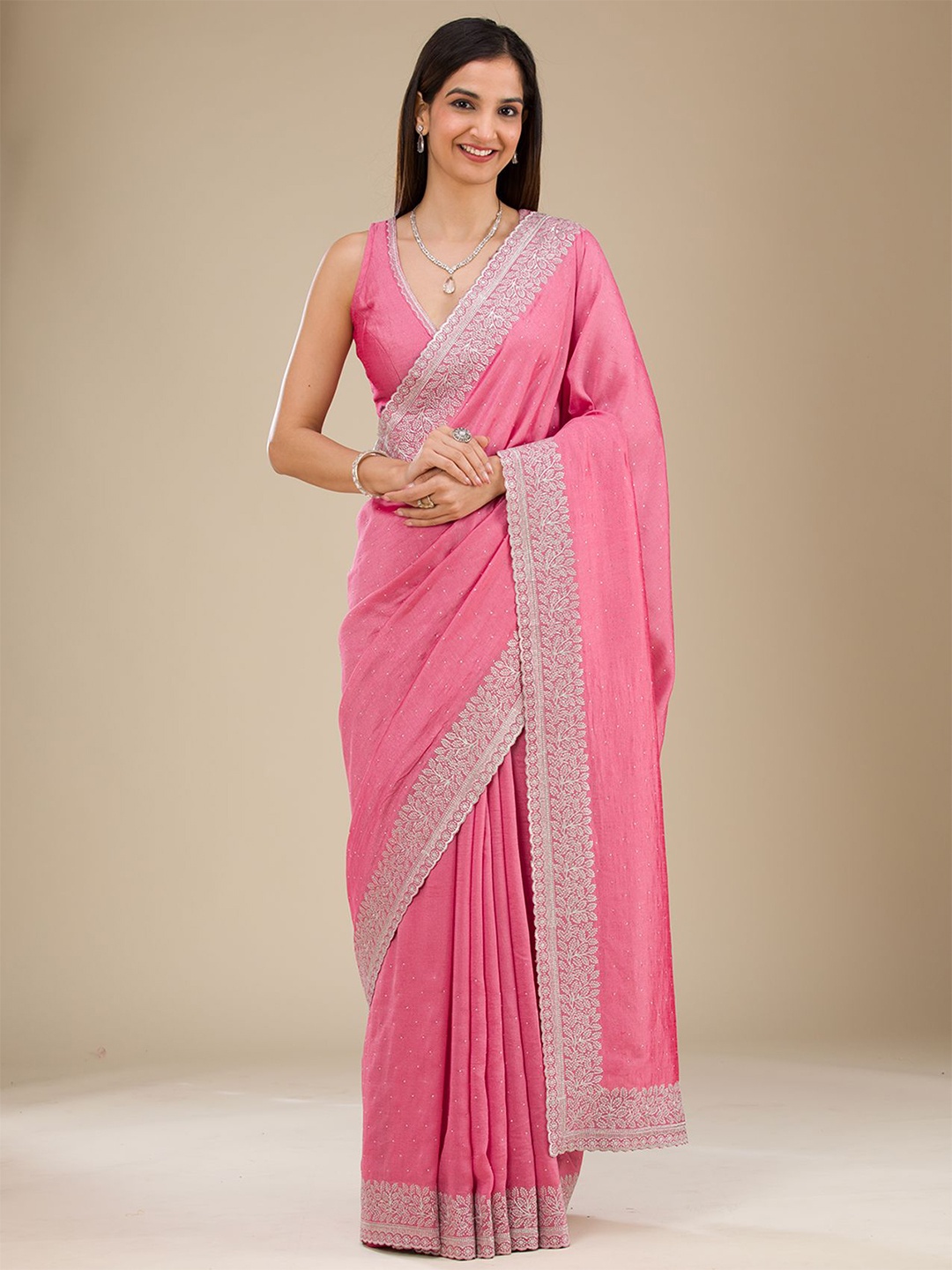 

Koskii Embellished Embroidered Saree, Pink