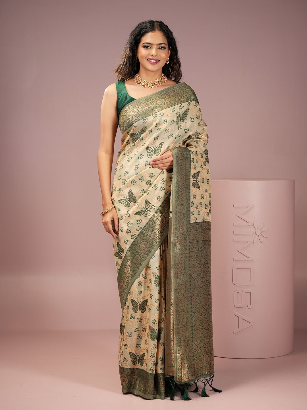 

MIMOSA Floral Woven Design Zari Banarasi Saree, Green