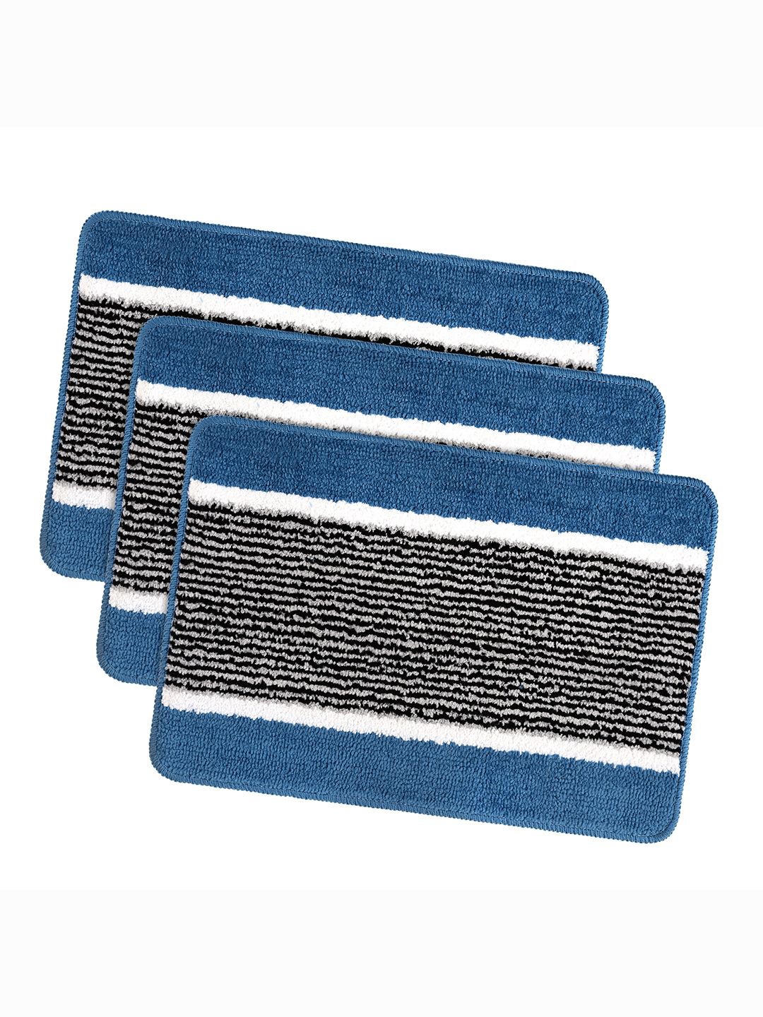 

Kuber Industries Blue & Black 3 Pieces Striped Anti-Skid Microfiber Doormats