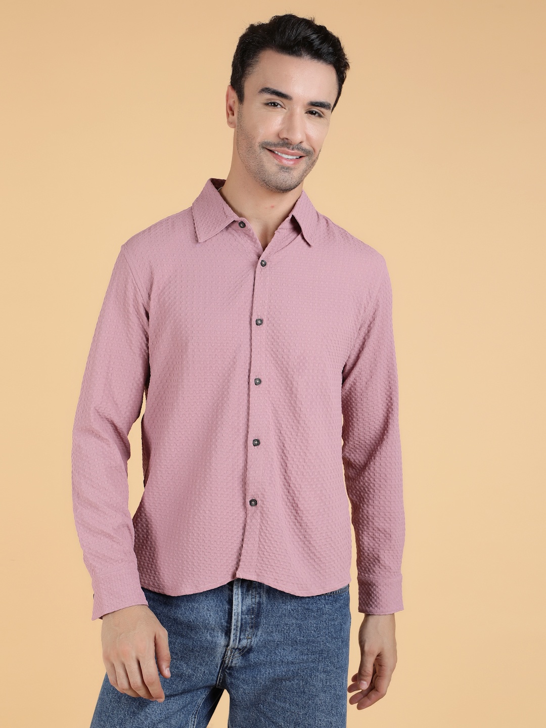 

Kotty Men Relaxed Spread Collar Textured Cotton Casual Shirt, Pink