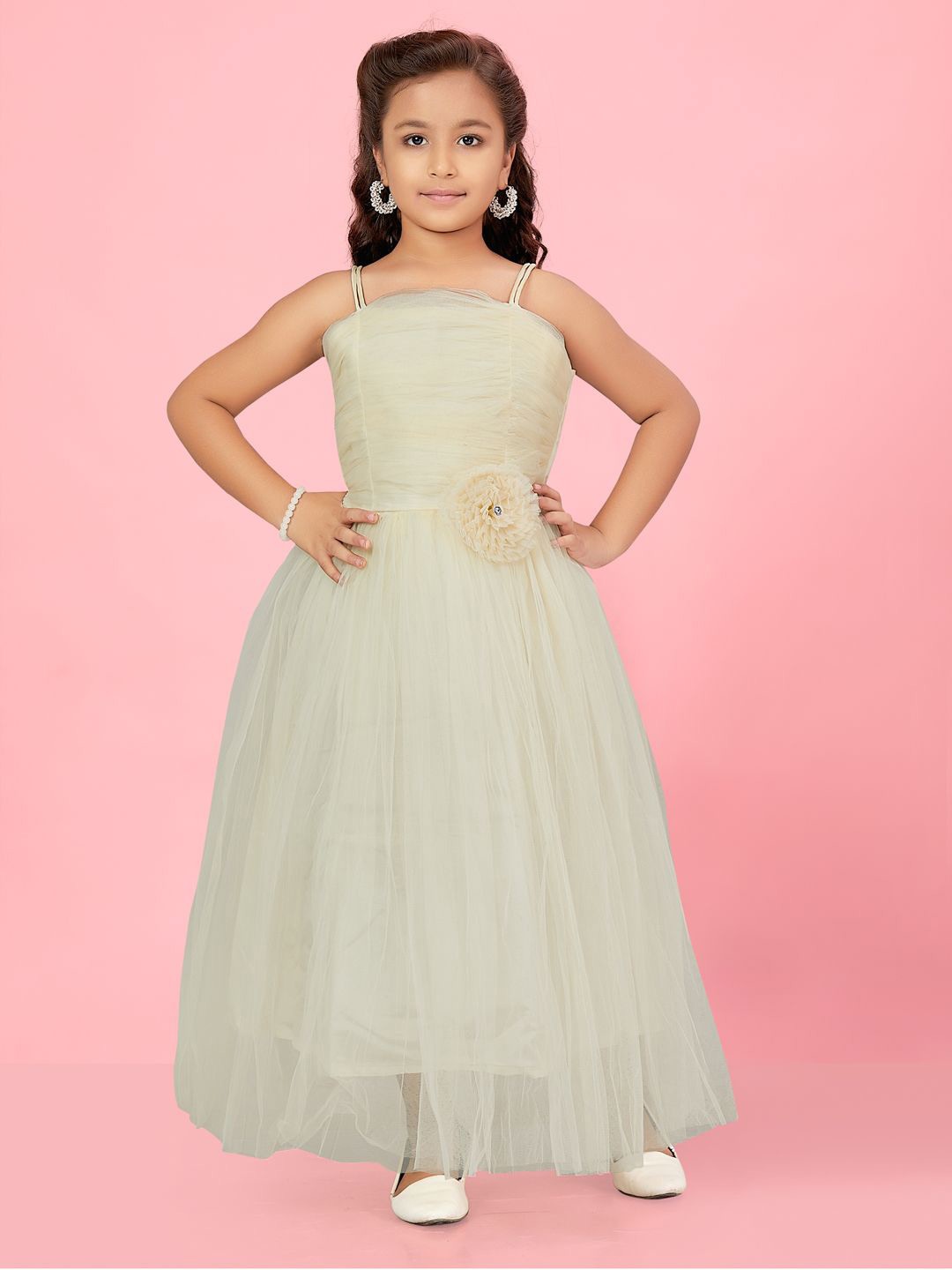 

BAESD Girls Solid Shoulder Straps Net Gown Dress, Cream