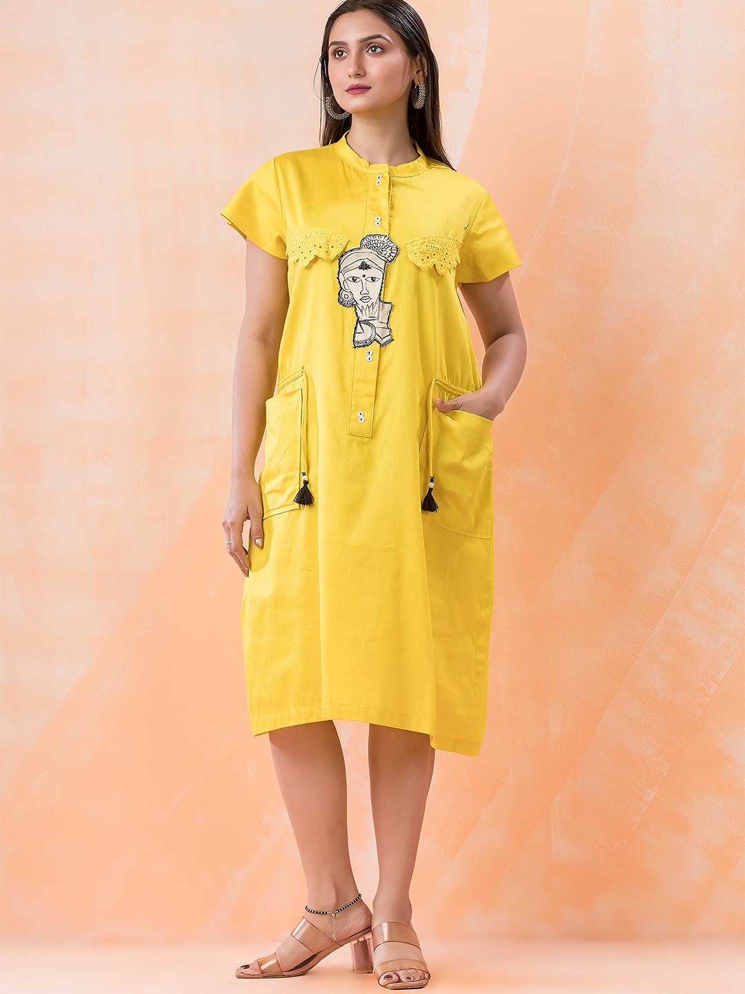 

SACRED SUTA Women Printed Round Neck Satin A-Line Dress, Yellow