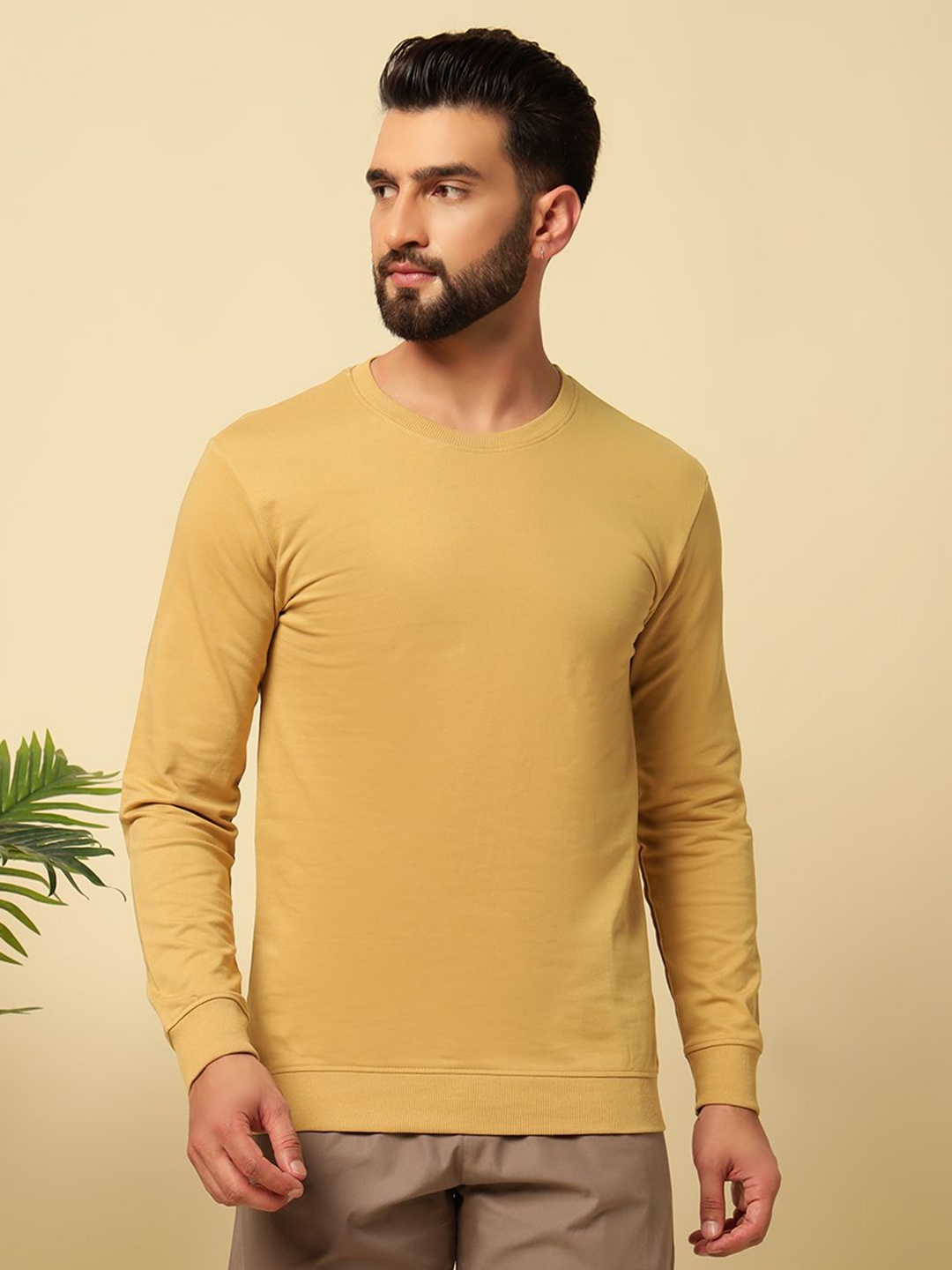 

MUWIN Men Premium Solid Round Neck Cotton T-Shirt, Mustard