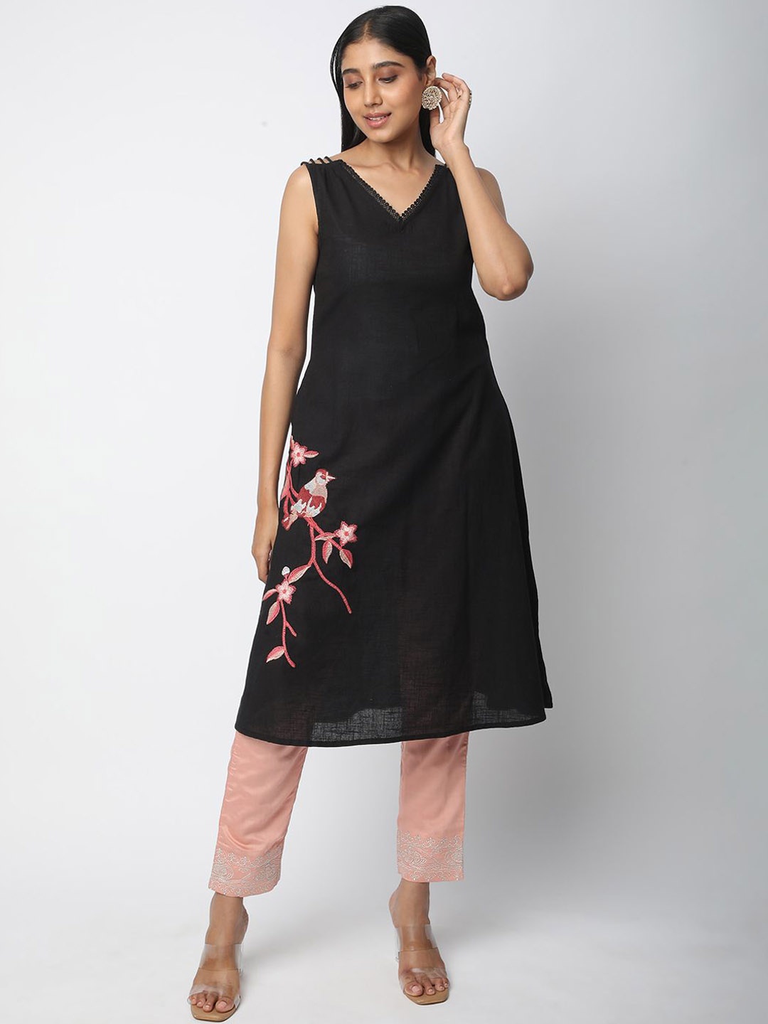 

R&B Women Thread Work A-Line Kurta, Black