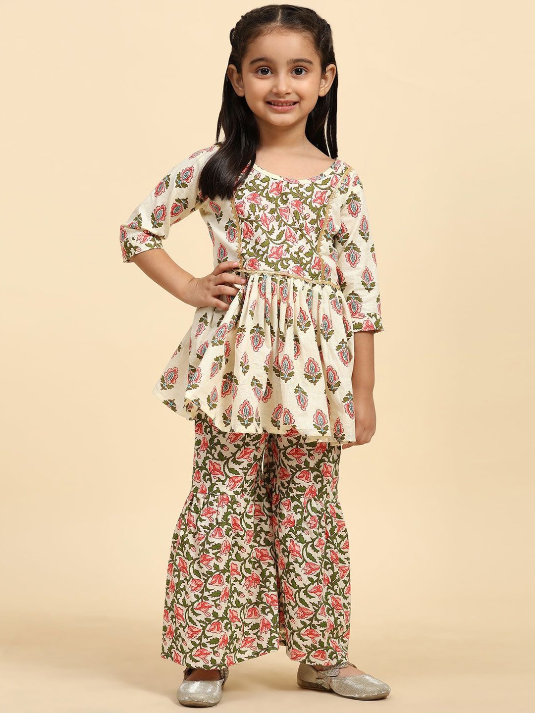 

SHIJILA Girls Floral Printed Empire Gotta Patti Kurti with Sharara, Cream