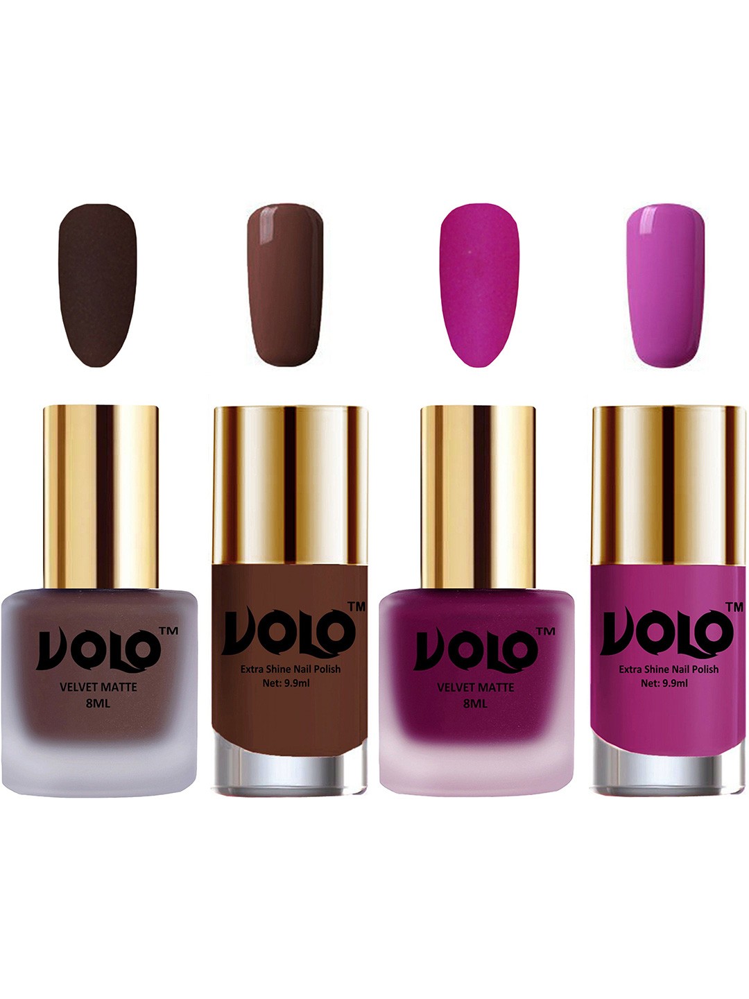 

VOLO Set Of 4 Velvet Matte & Extra Shine Nail Polish-8 ml & 9.9 ml Each Shade 02-14-19-35, Brown
