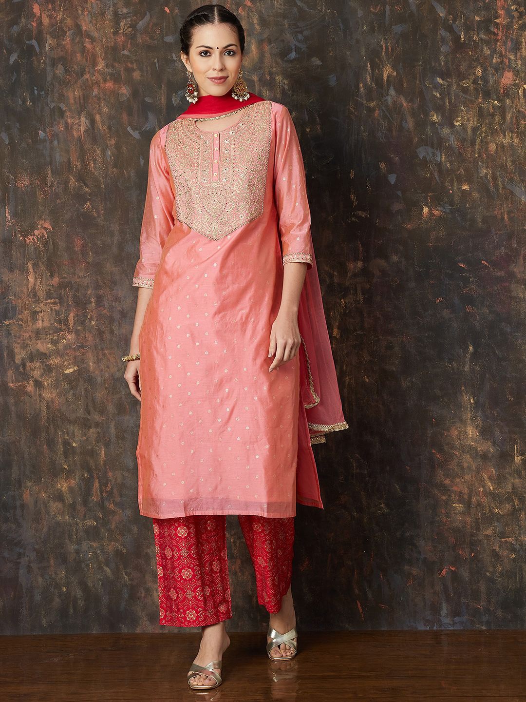 

Melange by Lifestyle Women Embroidered Chanderi Silk Kurta with Pyjamas & With Dupatta, Peach