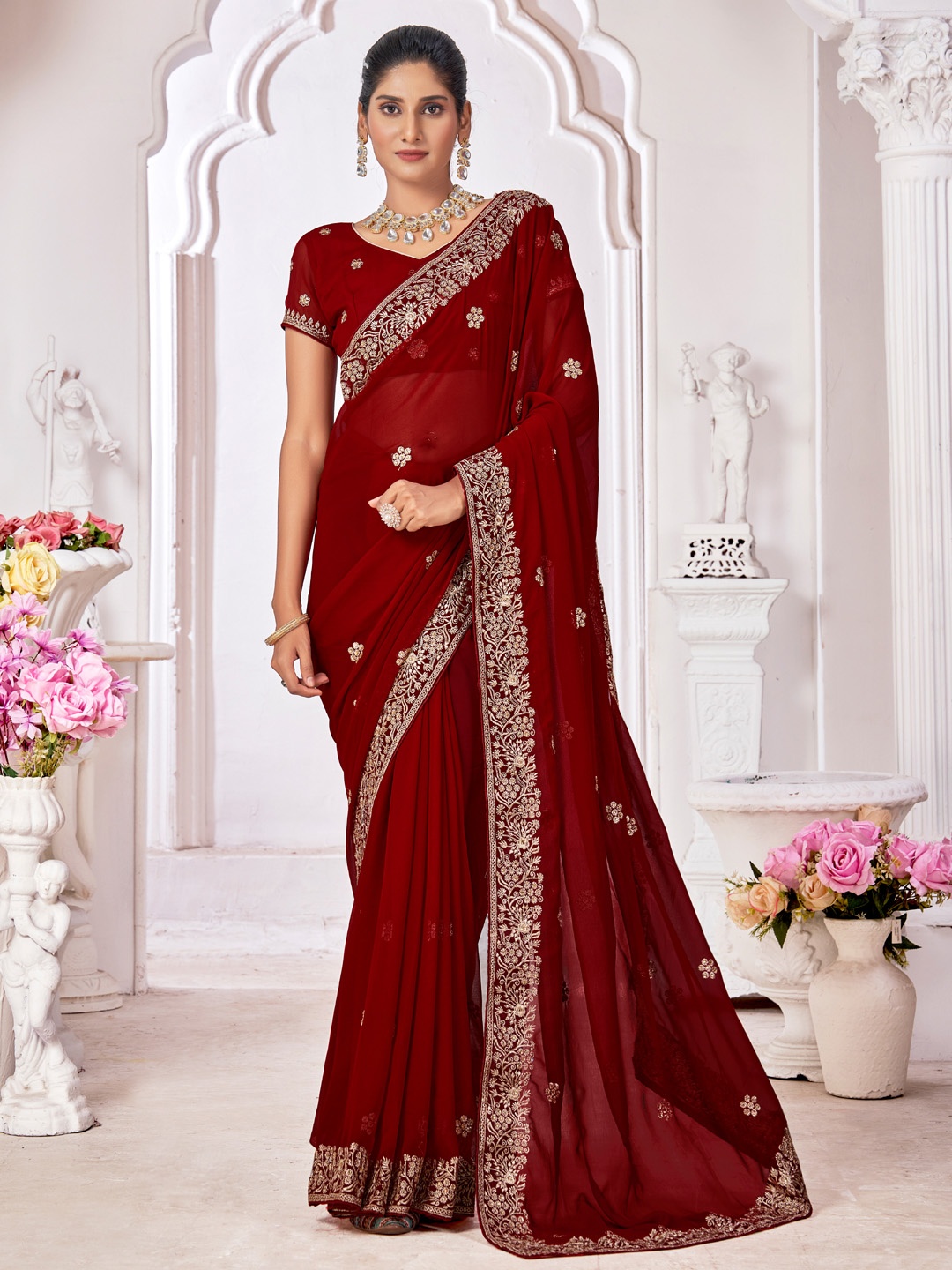 

Panzora Embellished Embroidered Poly Georgette Saree, Maroon