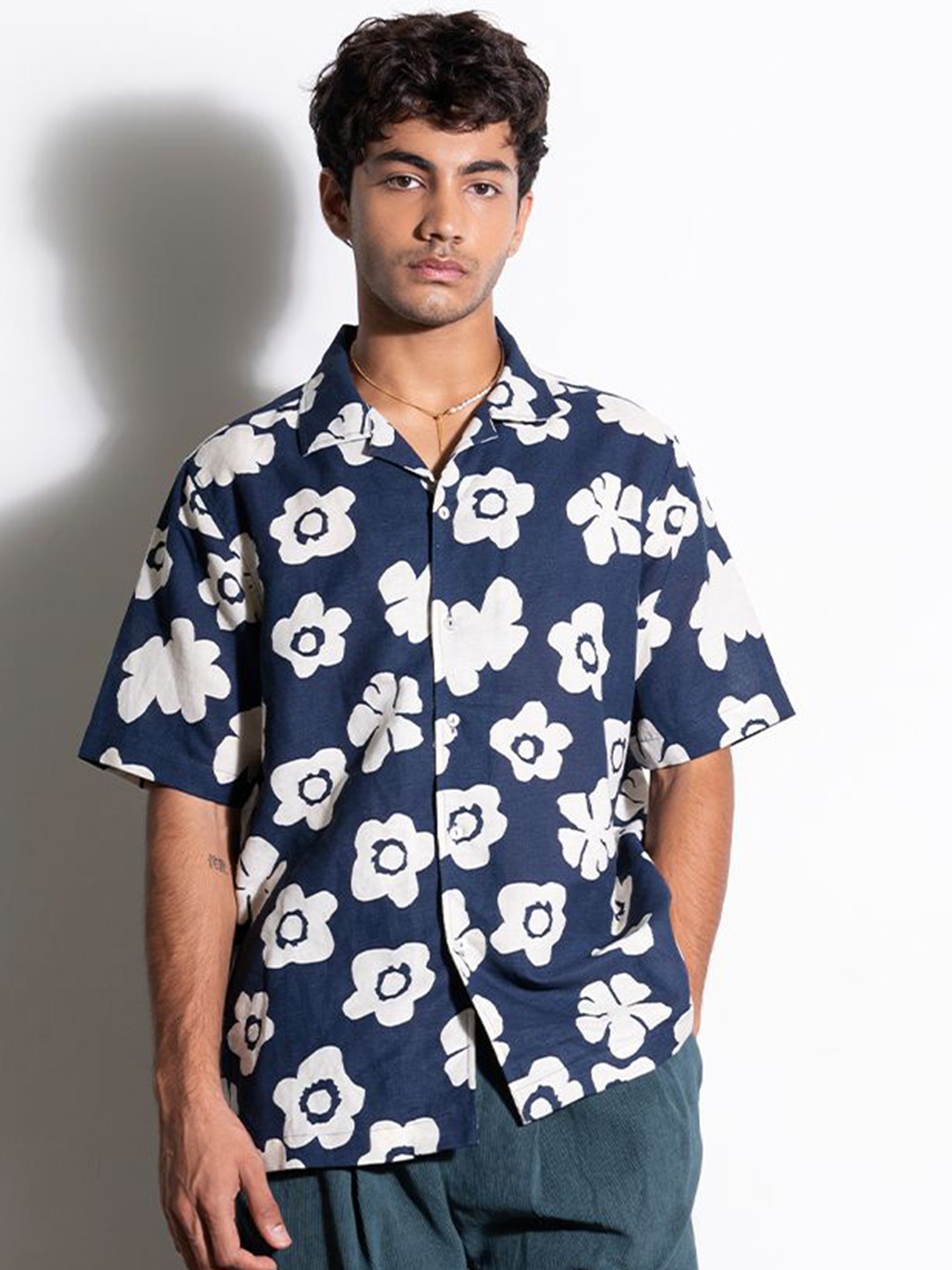 

Ostilos Men Cuban Collar Floral Printed Cotton Linen Casual Shirt, Blue