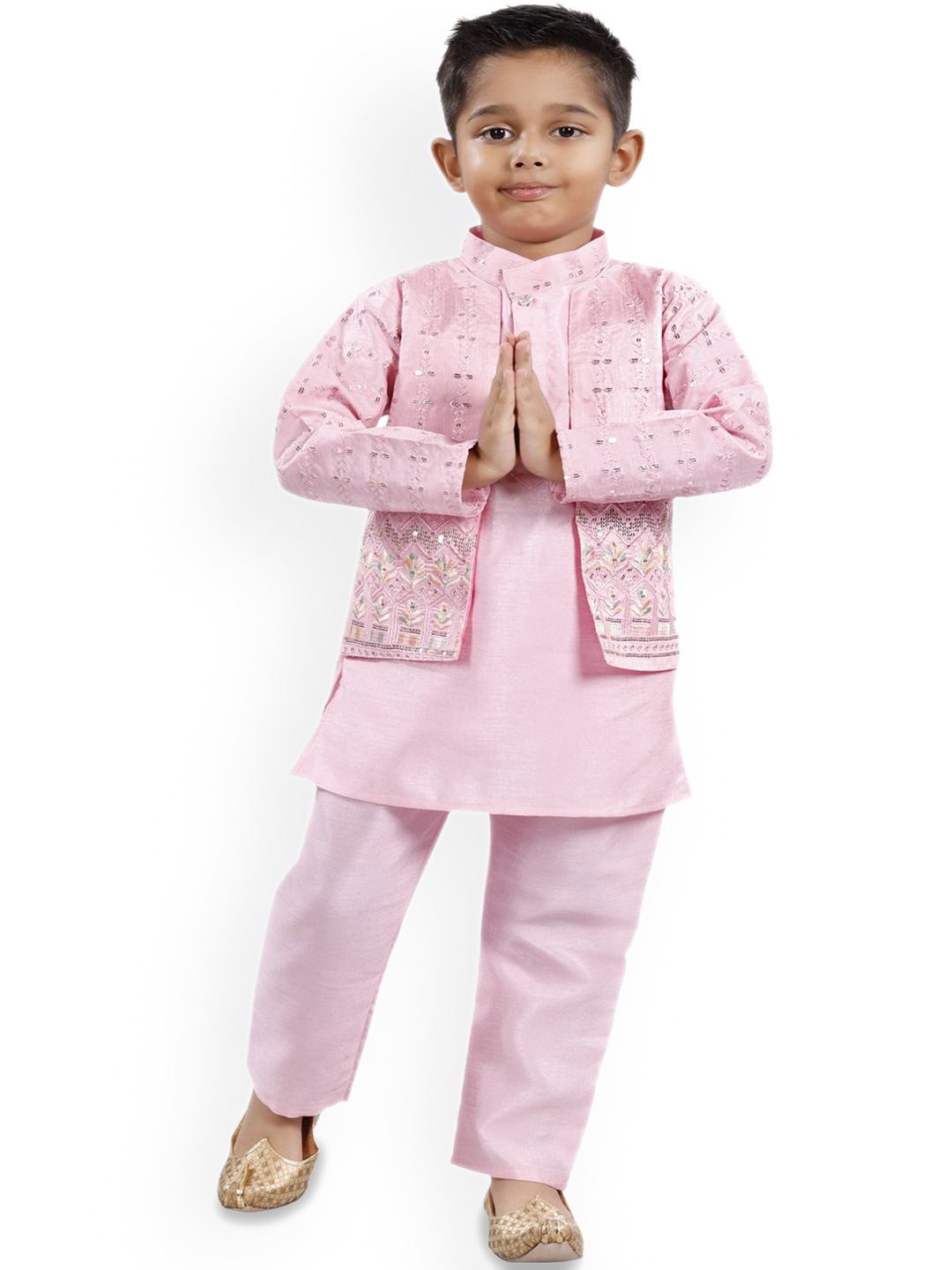 

BAESD Boys Ethnic Motifs Embroidered Regular Thread Work Kurta with Trousers, Pink