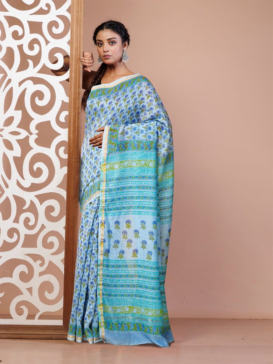 

Unnati Silks Floral Handloom Chanderi Saree, Blue