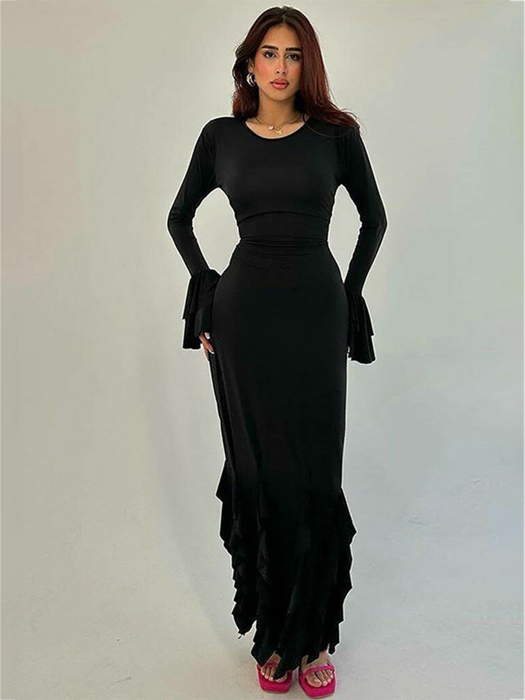 

LULU & SKY Women Black Full Sleeve Ruffle Maxi Dress