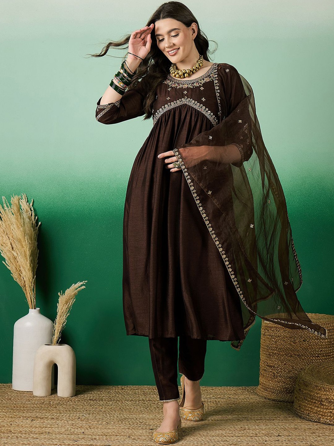 

Sangria Women Embroidered A-Line Kurta Trousers Dupatta, Brown