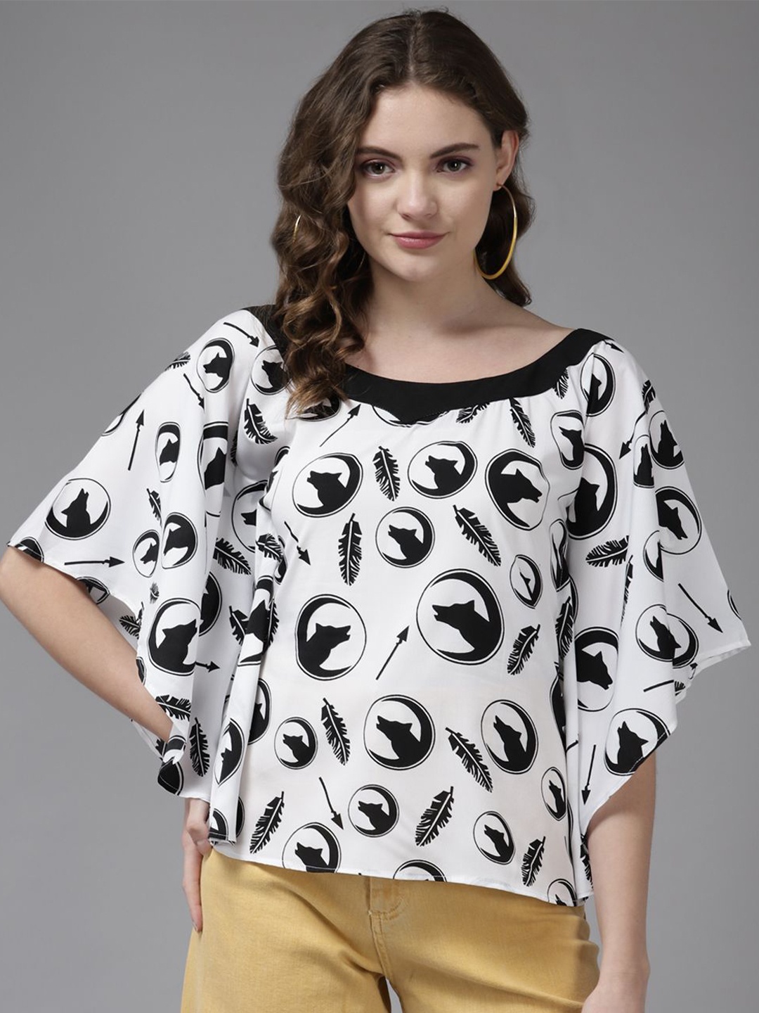 

BAESD Women Conversational Printed Round Neck Top, White
