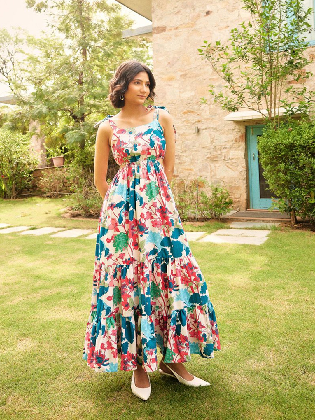 

KIZI Women Floral Printed Cotton Fit & Flare Maxi Dress, Blue