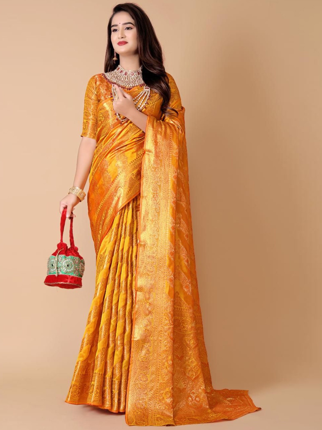 

JAY FASHION Floral Zari Organza Leheriya Saree, Yellow