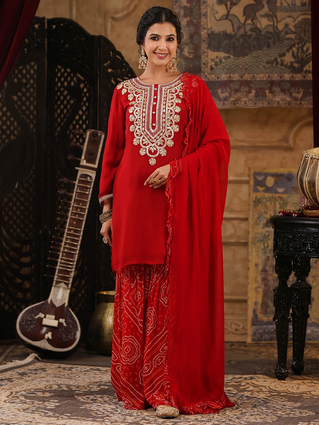 

SCAKHI Ethnic Motifs Yoke Design Gotta Patti Kurti with Sharara & Dupatta, Red