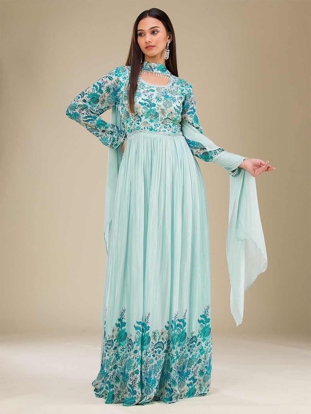 

Koskii Floral Printed Beads And Stones Anarkali Kurta With Salwar & Dupatta, Blue
