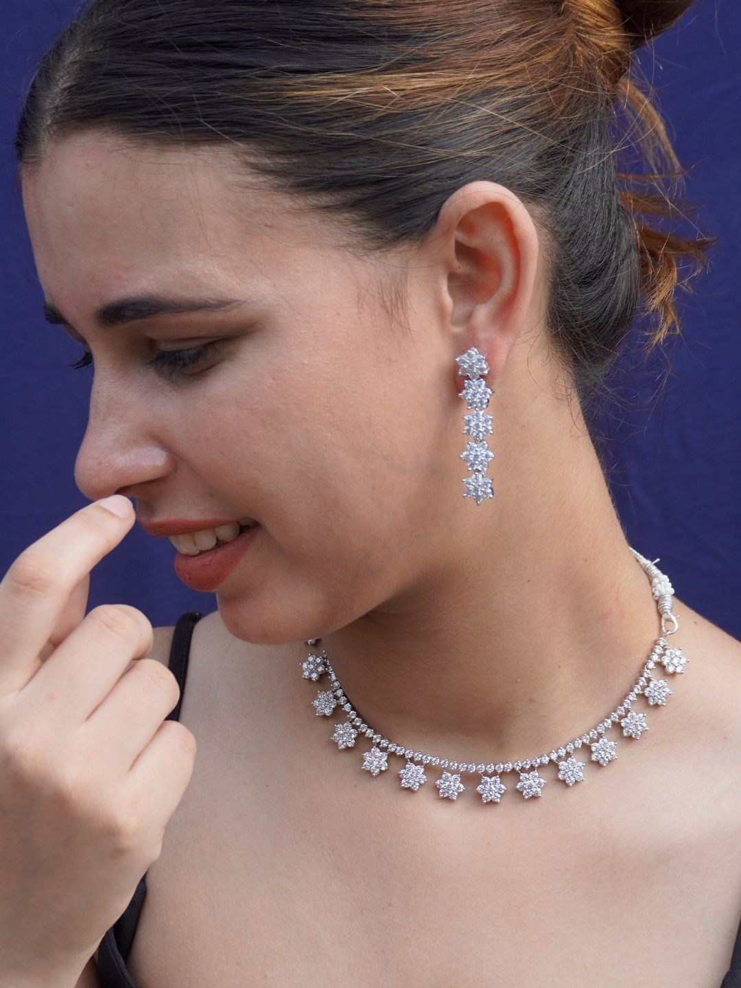 

Niscka Rhodium-Plated American Diamond Stone Studded Jewellery Set, Silver
