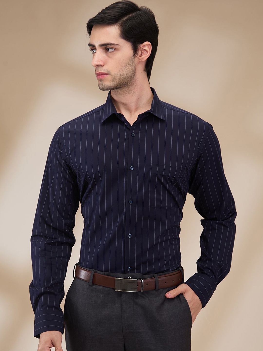 

Park Avenue Men Spread Collar Vertical Striped Cotton Slim Fit Formal Shirt, Navy blue