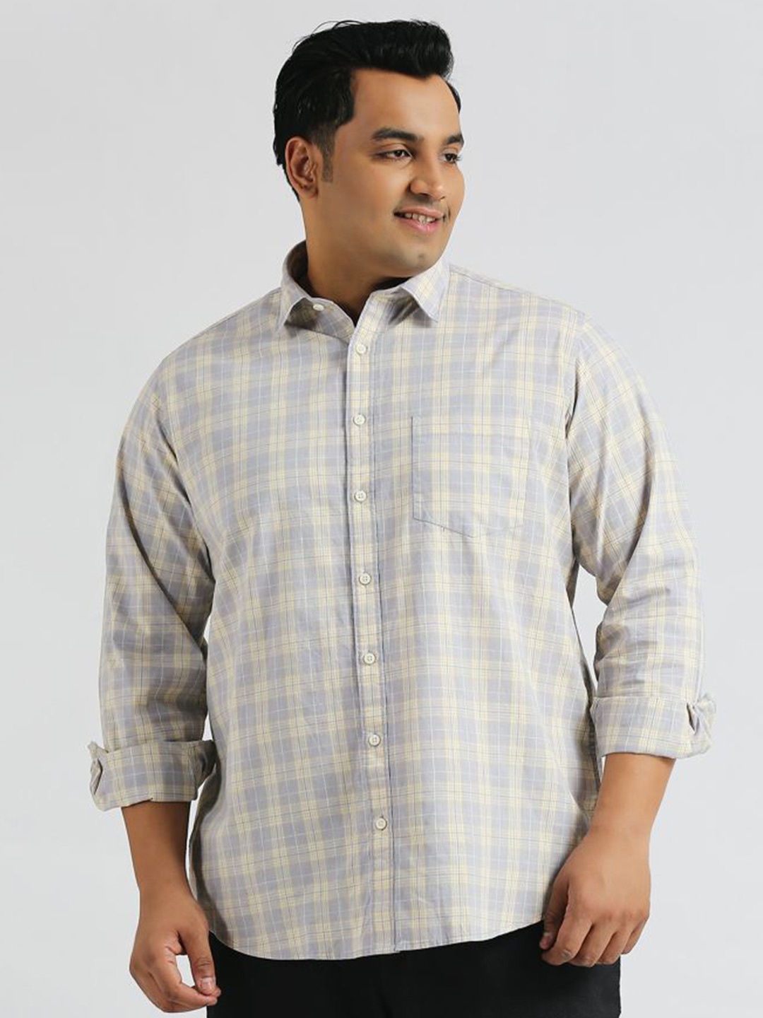 

Sizeupp Men Comfort Fit Spread Collar Checked Cotton Plus Size Casual Shirt, Grey
