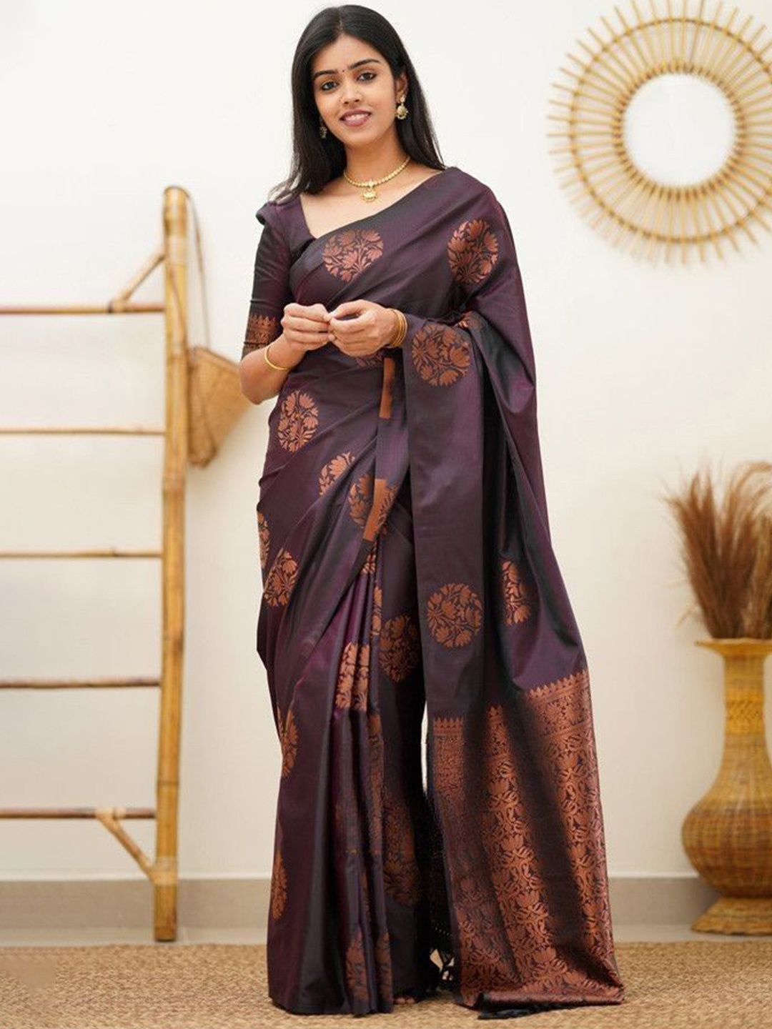 

HANDSEL Ethnic Motifs Woven Design Printed Zari Pure Silk Banarasi Saree, Purple