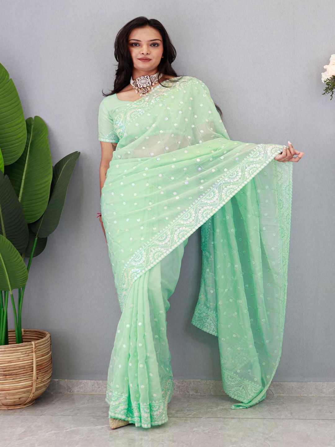 

HERE&NOW Ethnic Motifs Sequinned Organza Saree, Turquoise blue