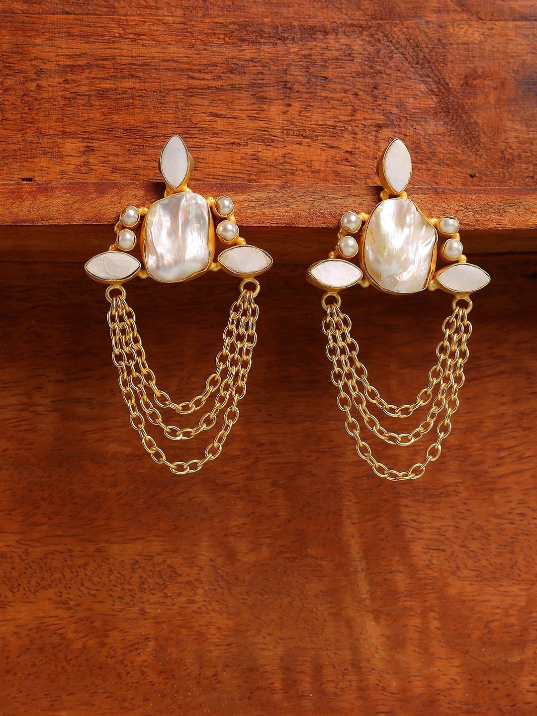 

ROYAL PITARAH Gold Plated Pearls Contemporary Drop Earrings, White