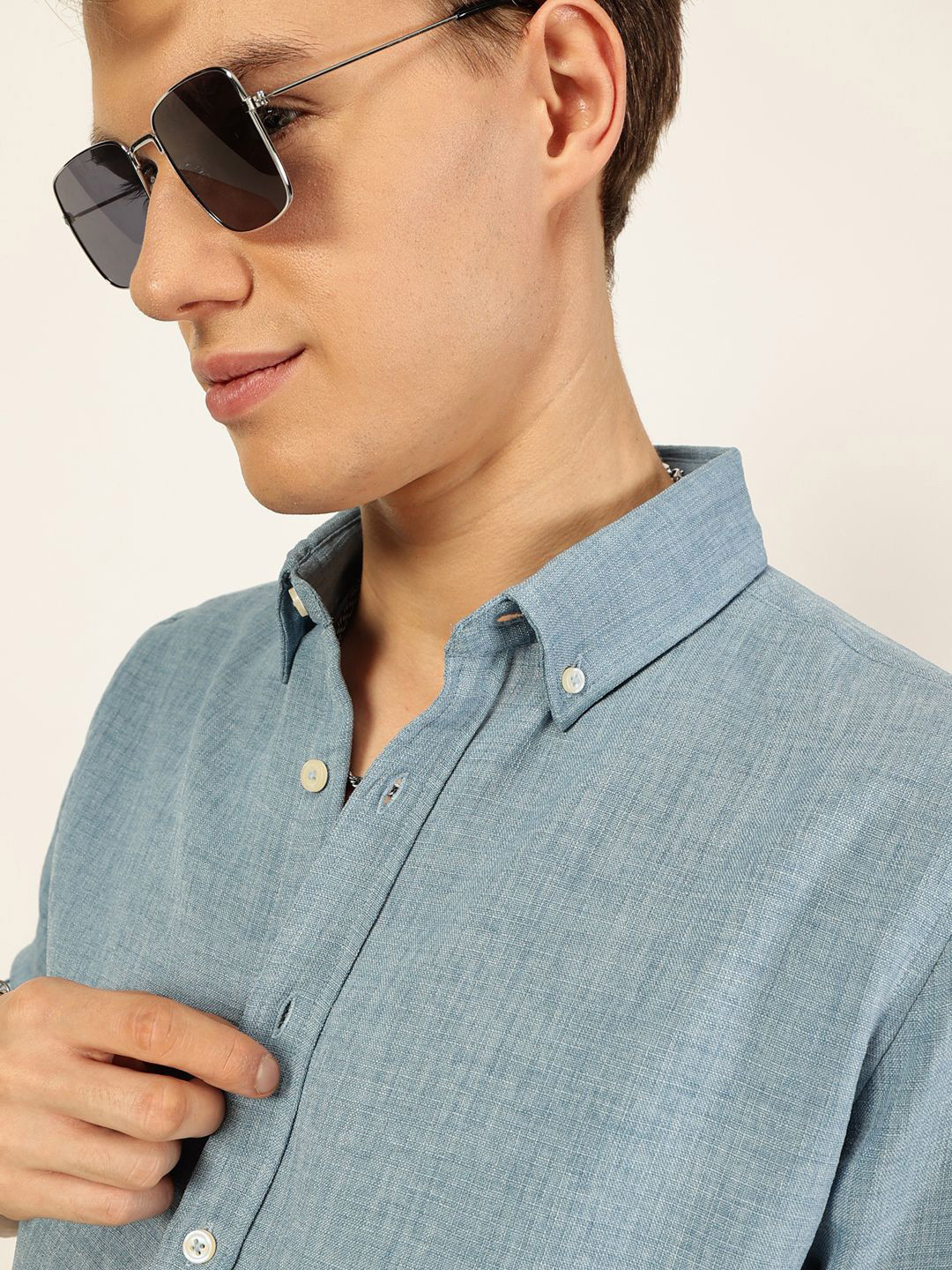 

Thomas Scott Men Premium Button-Down Collar Solid Linen Slim Fit Casual Shirt, Blue