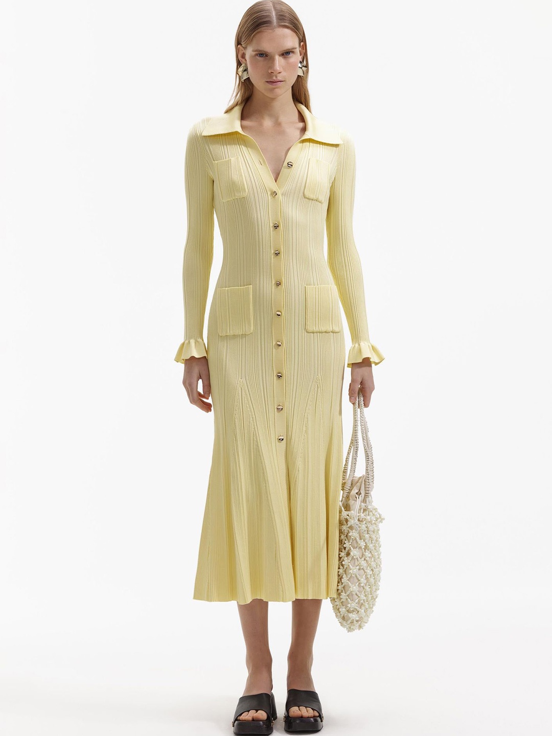 

LULU & SKY Solid Long Sleeves Shirt Midi Dress, Yellow