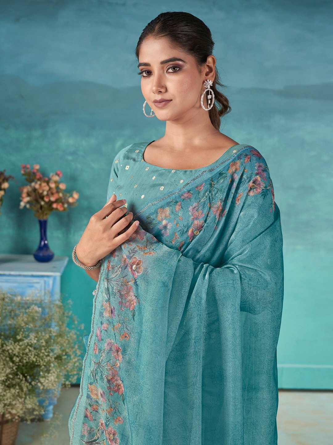 

all about you Floral Zari Organza Saree, Turquoise blue