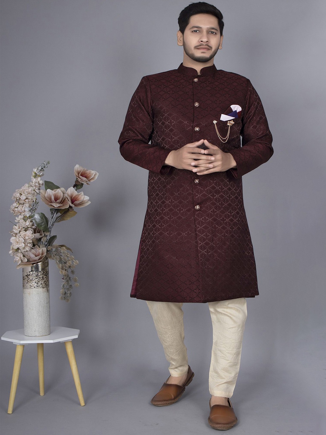 

Xepon Self Design Mandarin Collar Indo Western Sherwani Set, Maroon