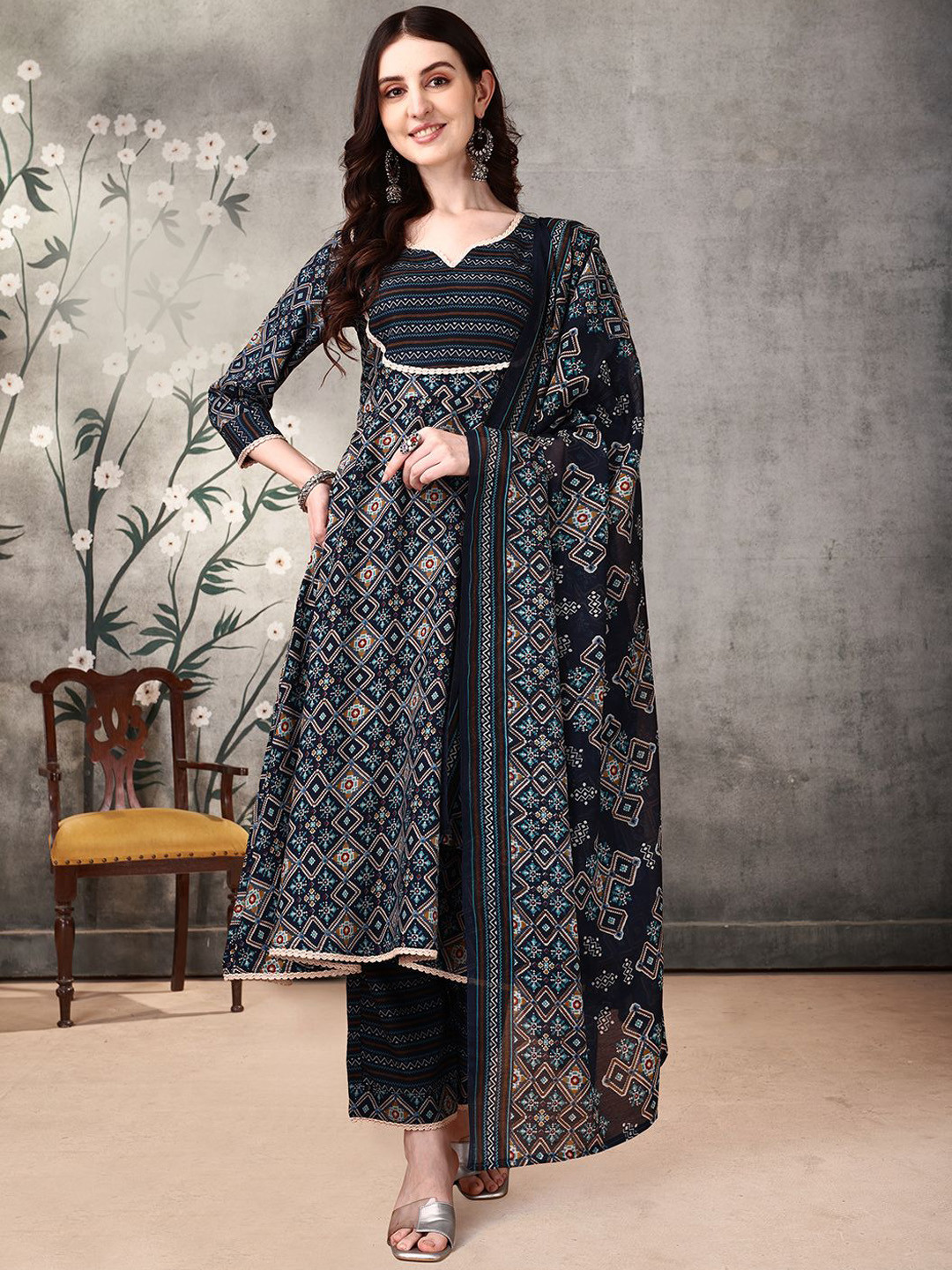 

KALINI Ethnic Motifs Printed Gotta Patti Anarkali Kurta with Palazzos & Dupatta, Blue