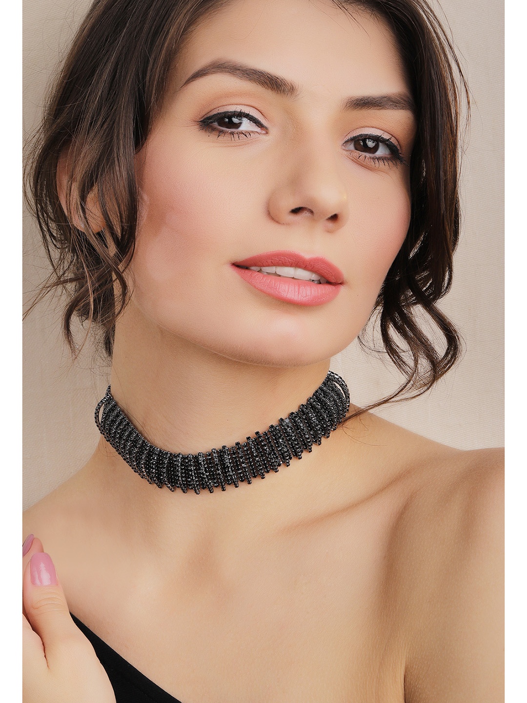 

Rubans Rhodium Plated Black Oxidized Rhinestone Studded Statement Choker Necklace, Silver