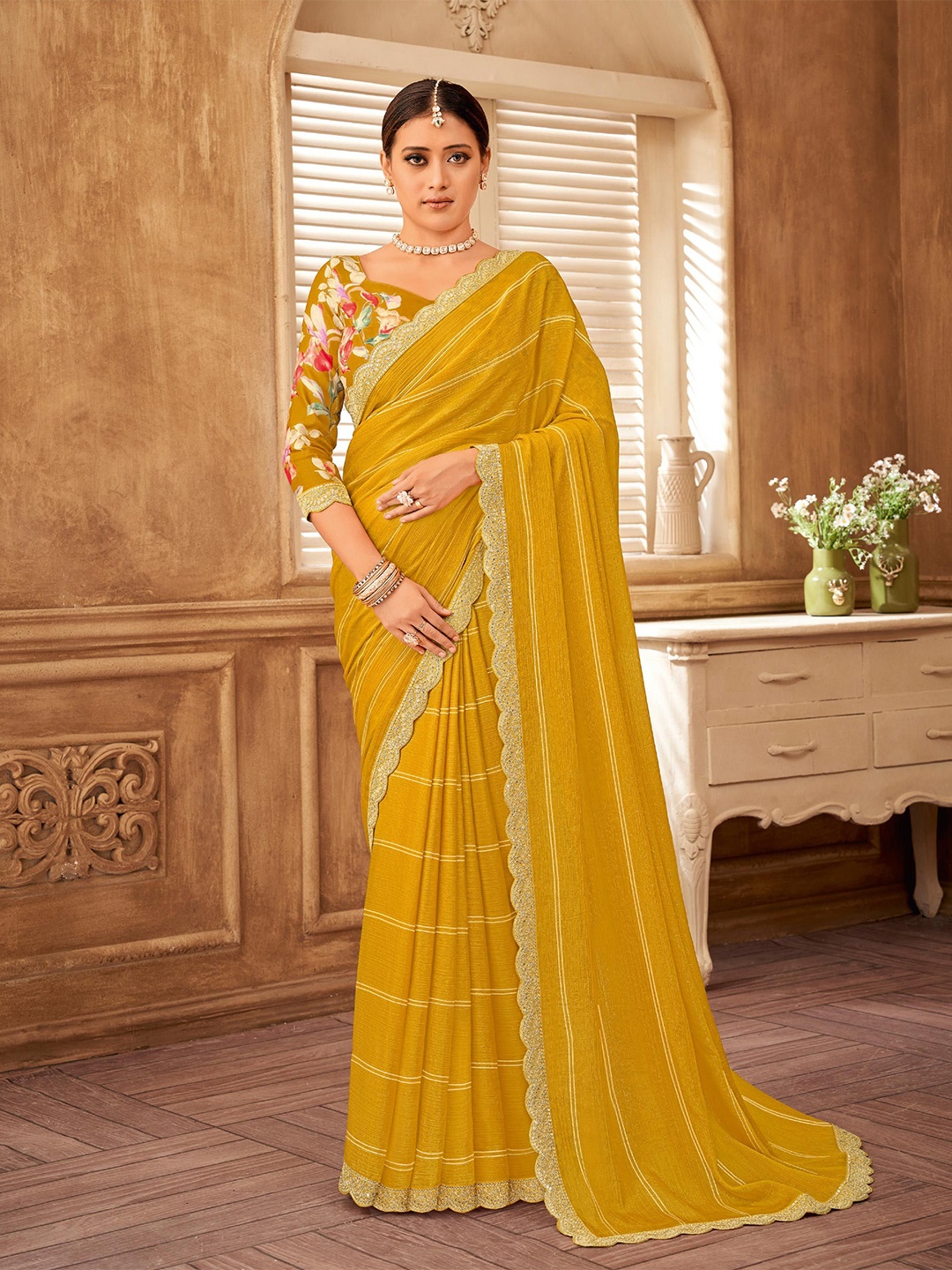 

Laxmipati Striped Printed Satin Designer Saree, Yellow
