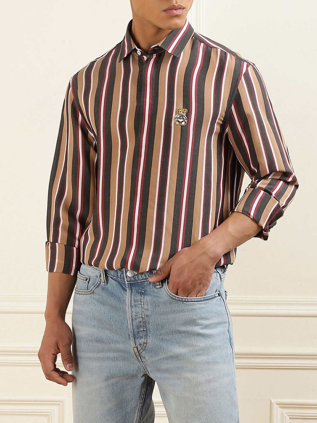 

MOSCHINO COUTURE Men Multi Stripes Opaque Striped Formal Shirt, Brown