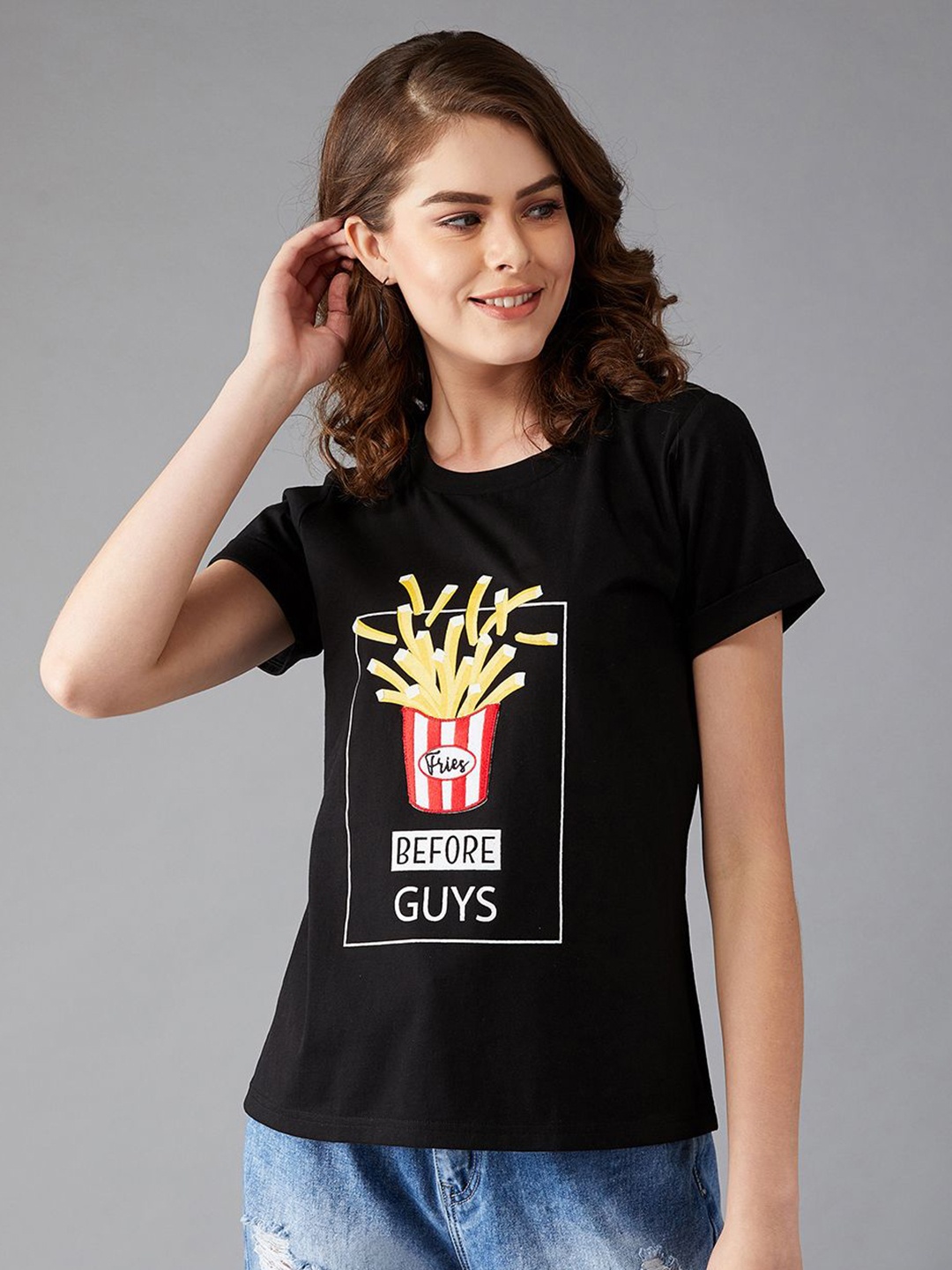 

BAESD Women Graphic Printed Round Neck Cotton T-shirt, Black