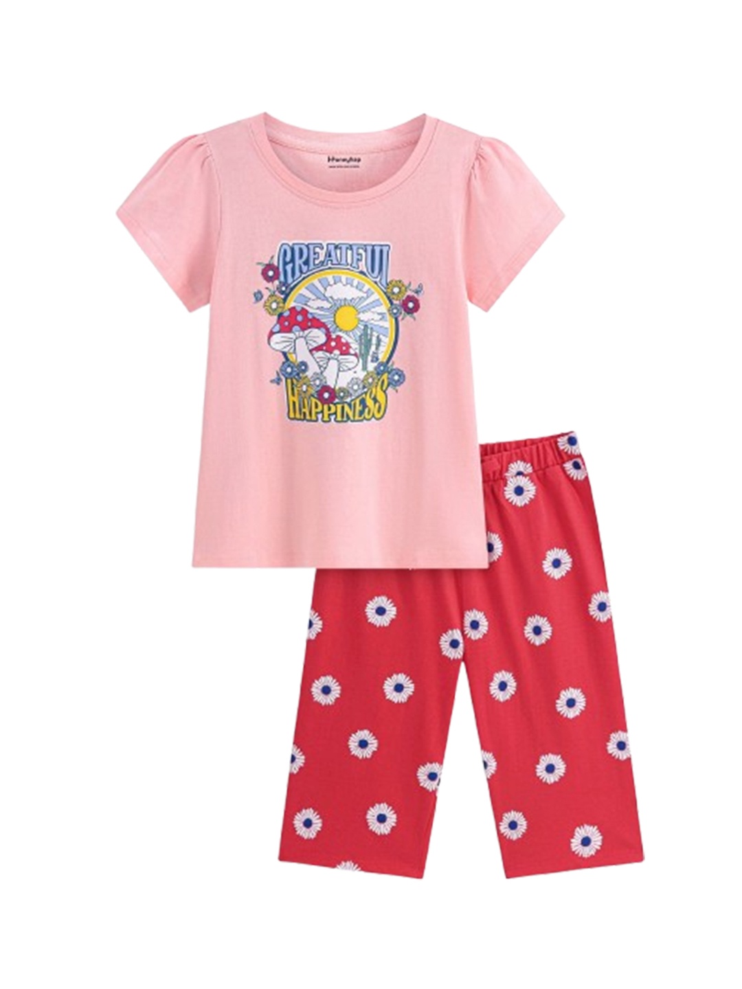 

Honeyhap Girls Printed Cotton Night suit, Red