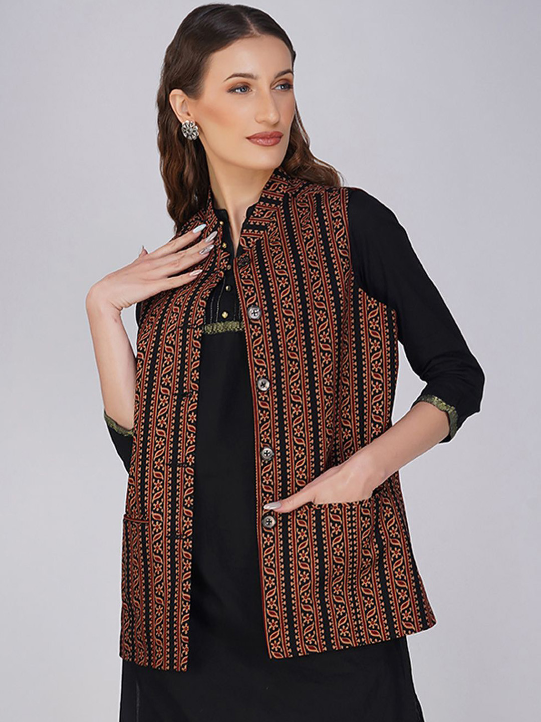 

KALINI Printed Woven Nehru Jackets, Black