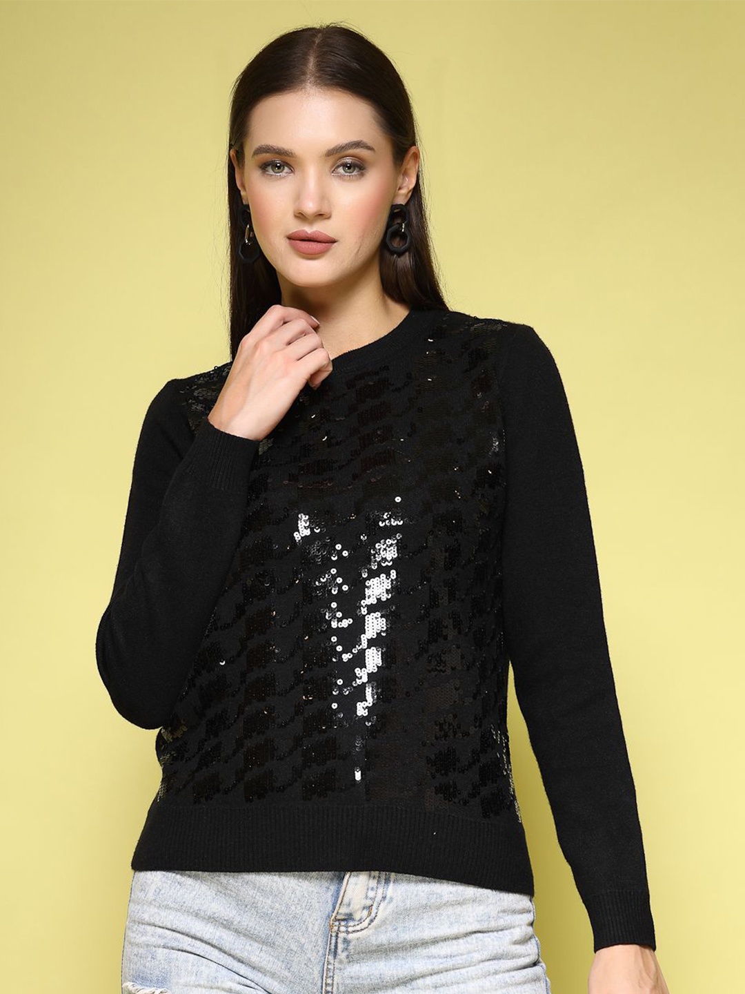 

Mafadeny Women Self Design Embellished Sweater, Black