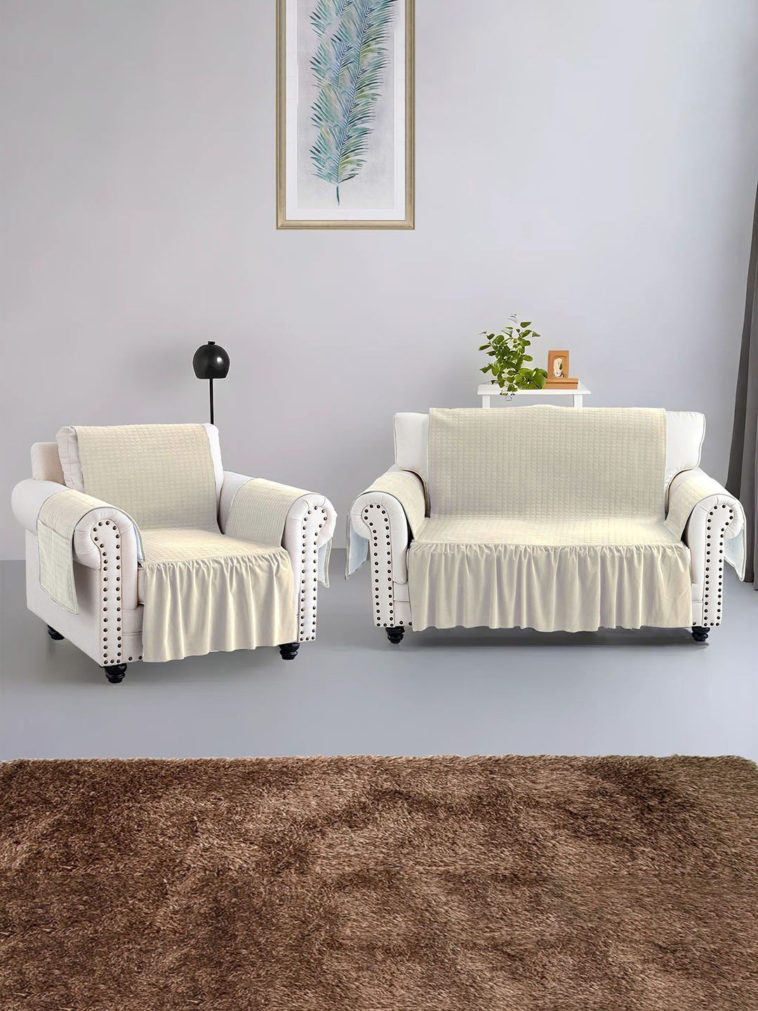 

Kuber Industries Cream-Coloured Velvet 2 Piece Sofa Cover With Arms