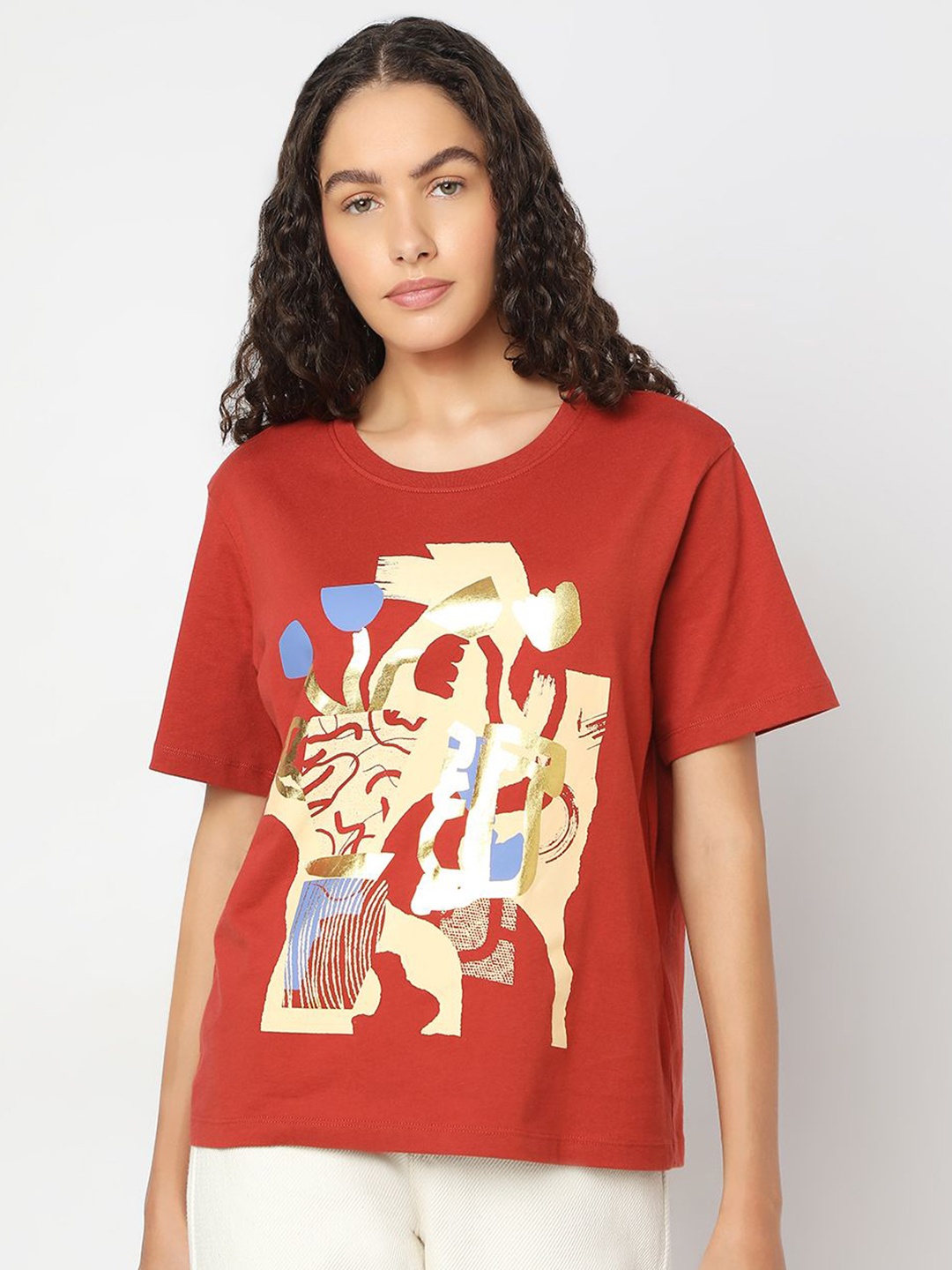 

Vero Moda Women Abstract Printed Round Neck Cotton T-shirt, Red