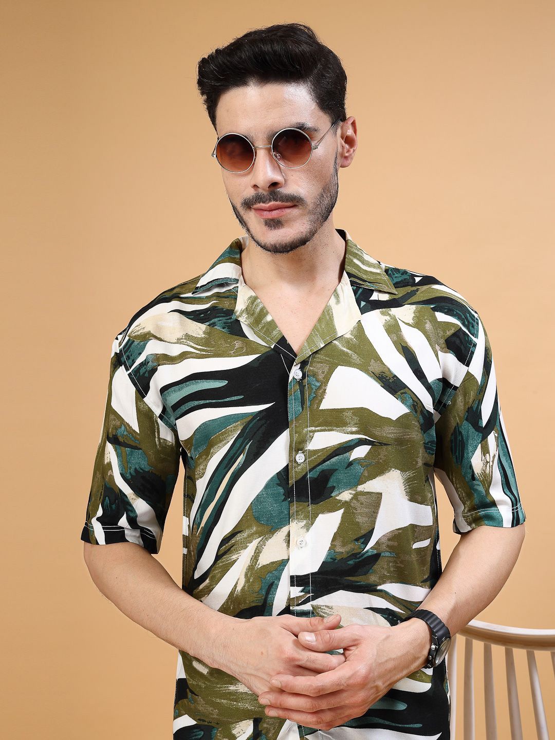 

Vanguard Men Comfort Cuban Collar Floral Printed Casual Shirt, Green